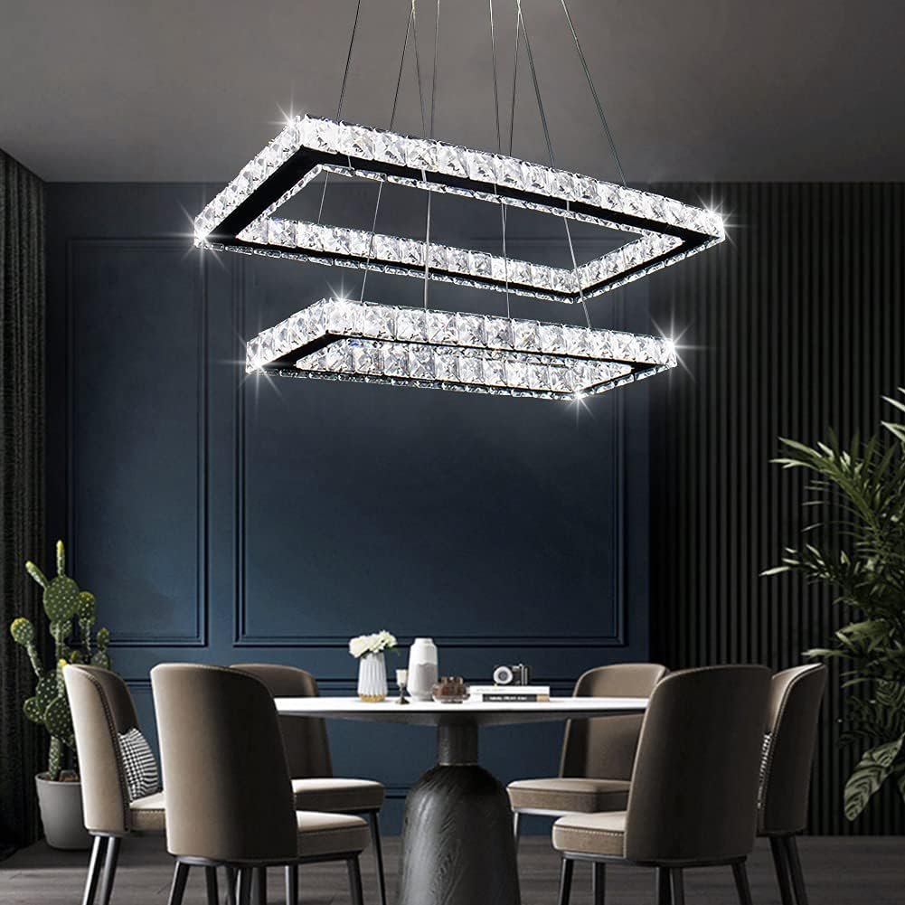 Modern Rectangular Double-Ring Crystal Chandelier
