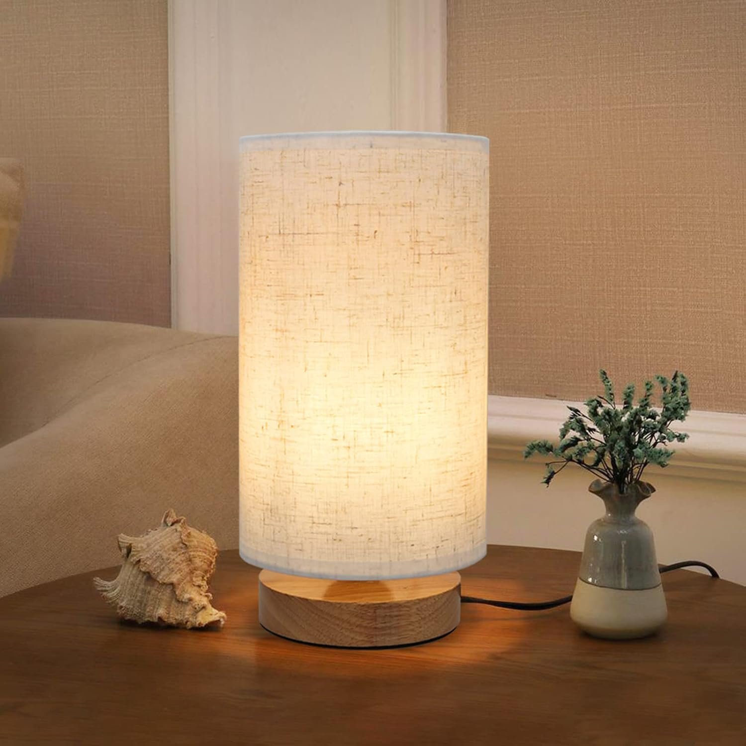 Minimalist Small Bedside Lamp (with Round Linen Lampshade)