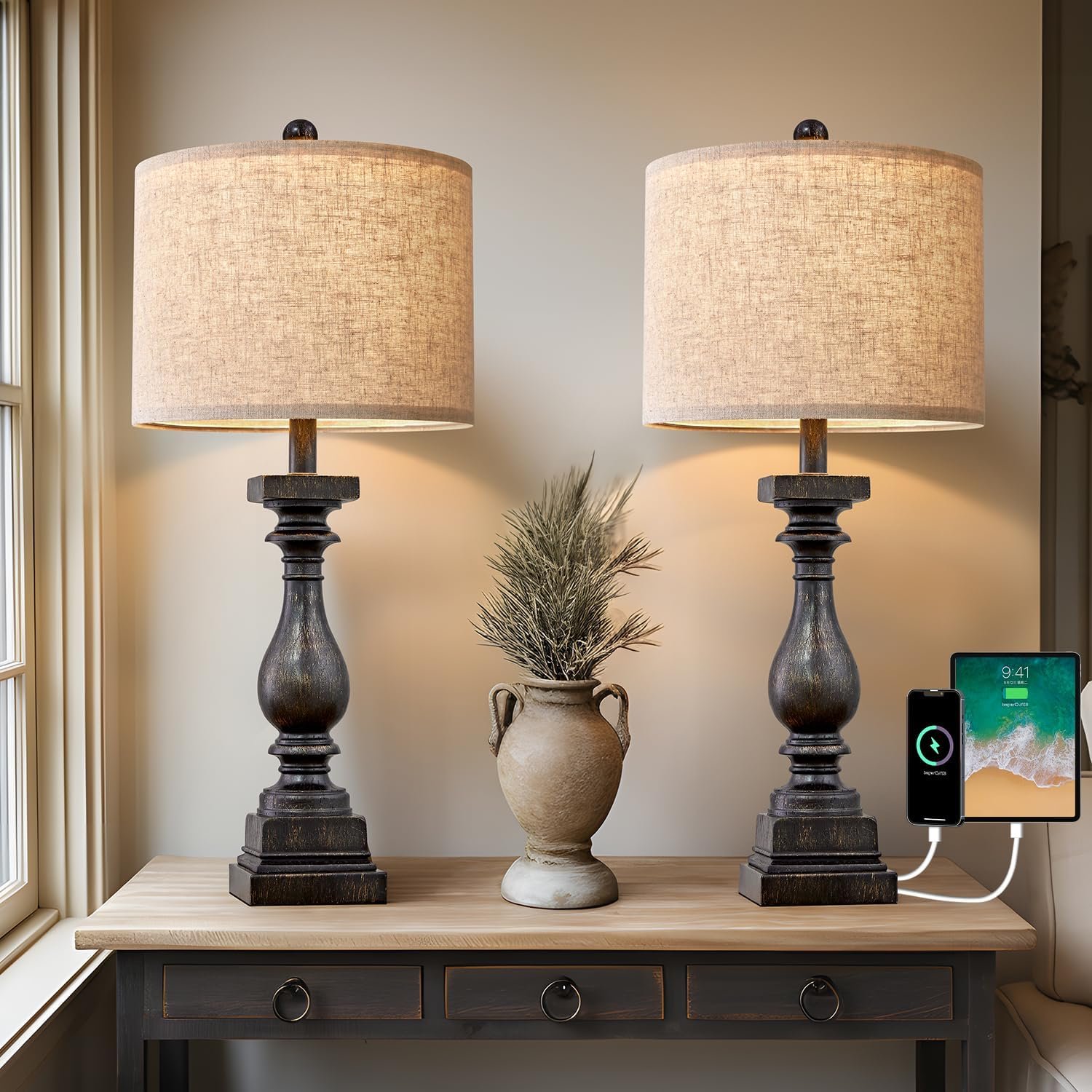 27-inch Country Style Table Lamp (with USB-A and USB-C ports, dual-lamp set)