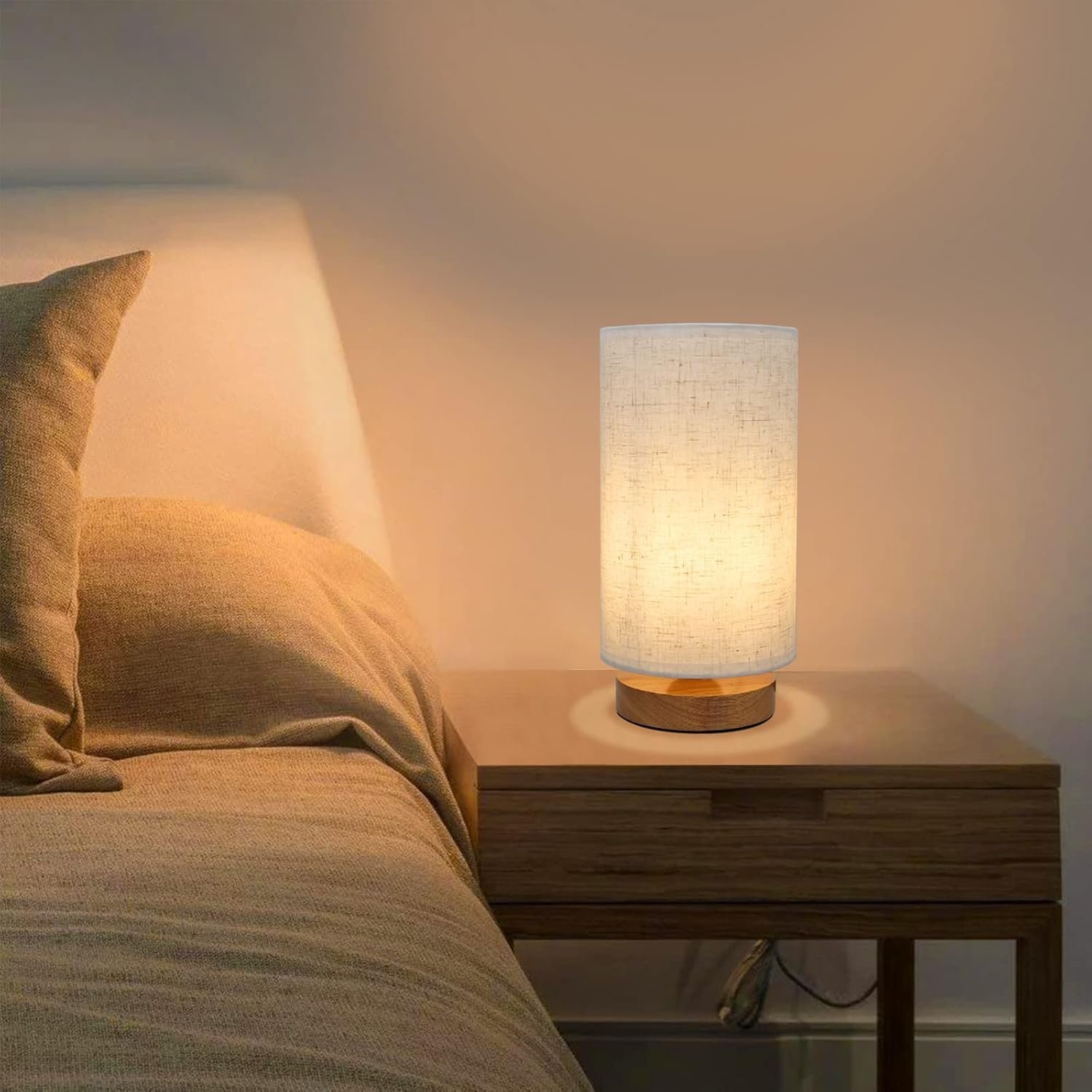 Minimalist Small Bedside Lamp (with Round Linen Lampshade) - Image 2