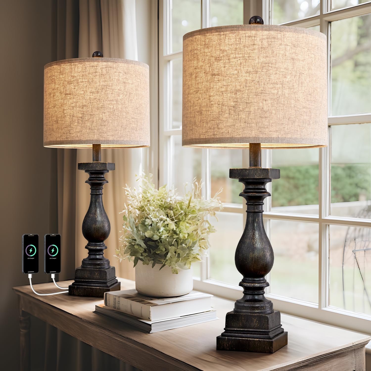27-inch Country Style Table Lamp (with USB-A and USB-C ports, dual-lamp set) - Image 2