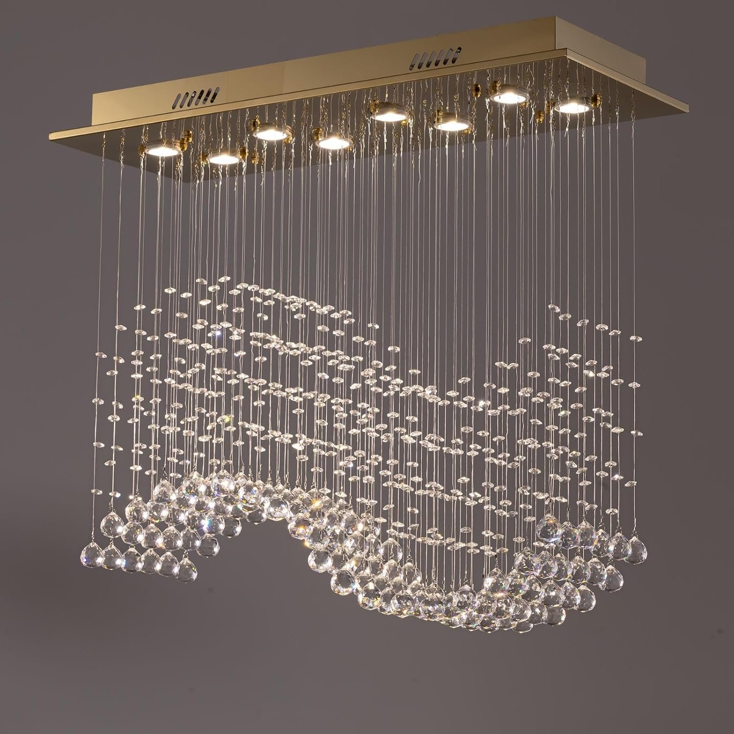 31.5-inch Modern Gold Rectangular Wave Raindrop Crystal Chandelier