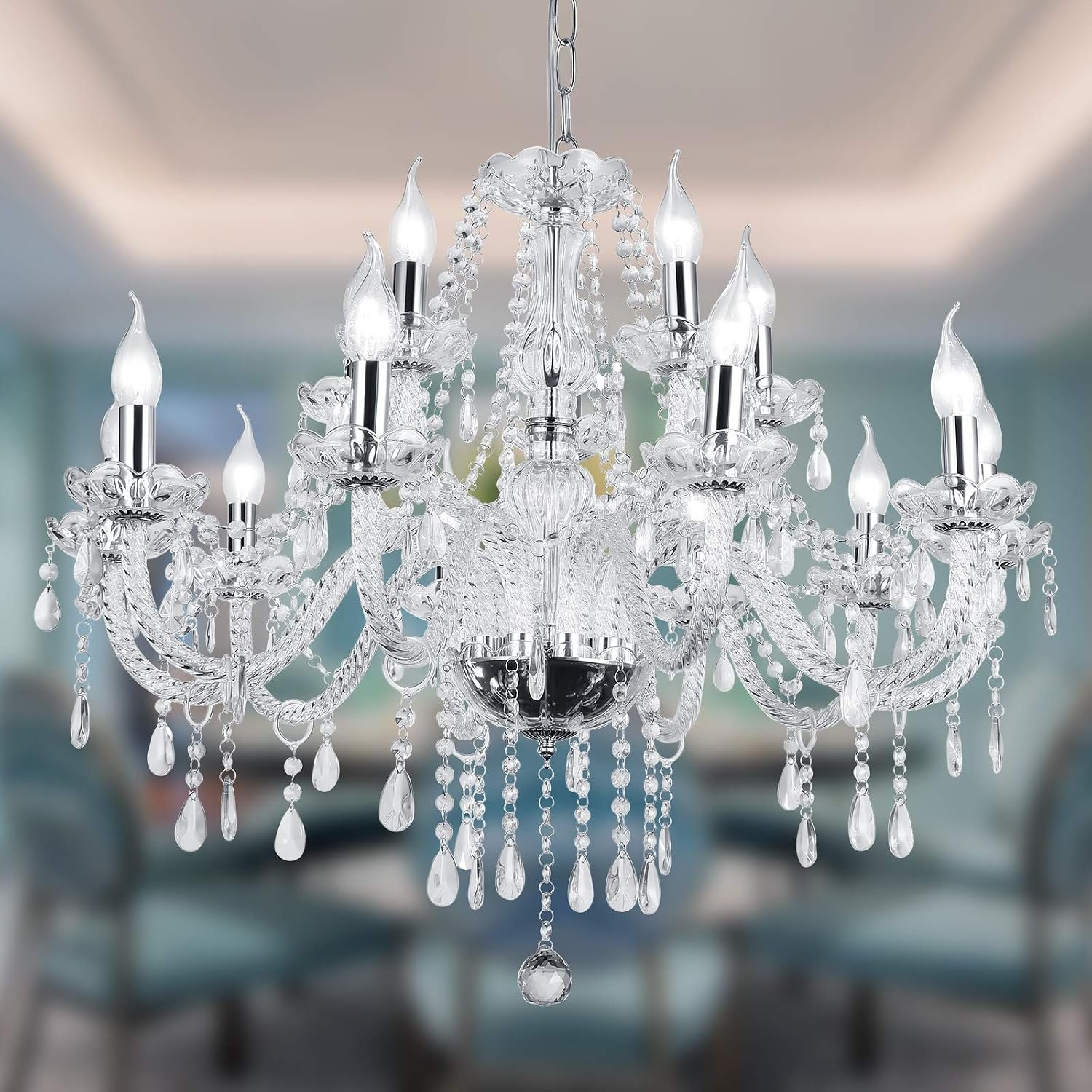 12-Head Modern Luxury Silver Crystal Candle Chandelier